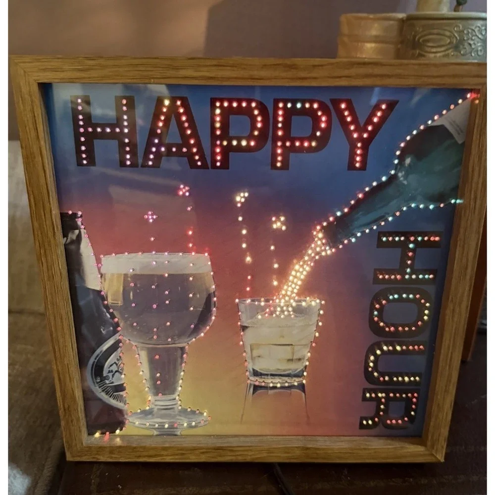 VINTAGE HAPPY HOUR LIGHTED BAR SIGN. Twinkle Multicolor Wooden Cube MCM 1980